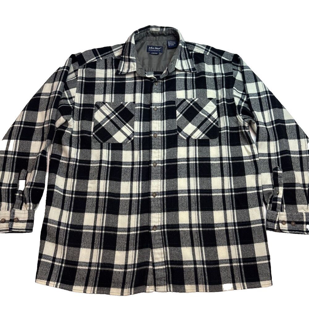 John Blair Heavyweight Flannel Shirt Black White Plaid Long Sleeve Mens Large